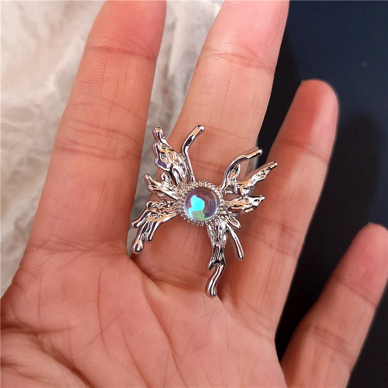 Goth Punk Vintage Red Crystal Love Heart Cross Geometry Irregular Open Ring Set Y2K Halloween Accessories For Women Kpop Jewelry