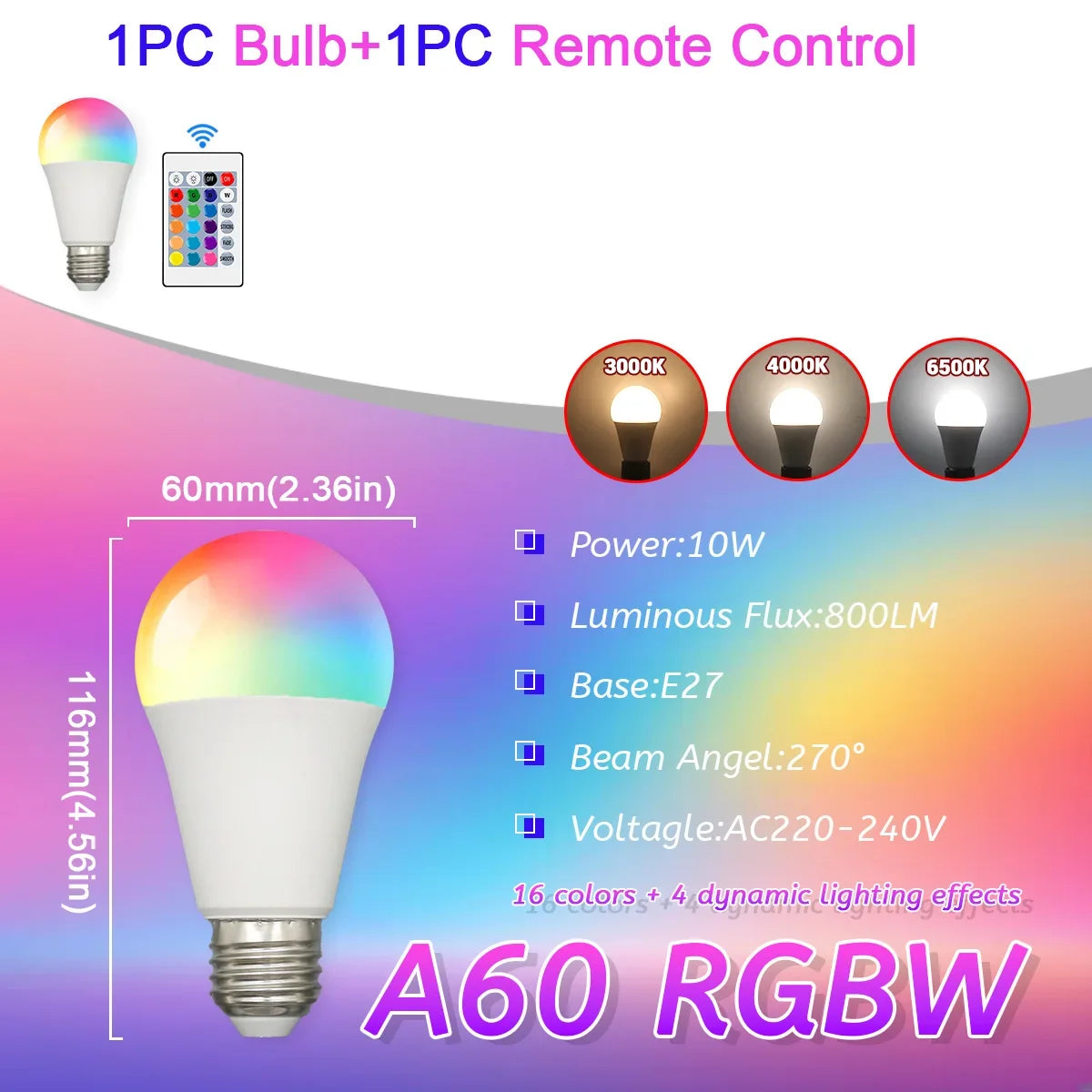 E27 RGB LED Light Bulb 220V 10W with IR Remote Control Color Changing Multicolor + White Lamp Spotlight for Bedroom Party Home