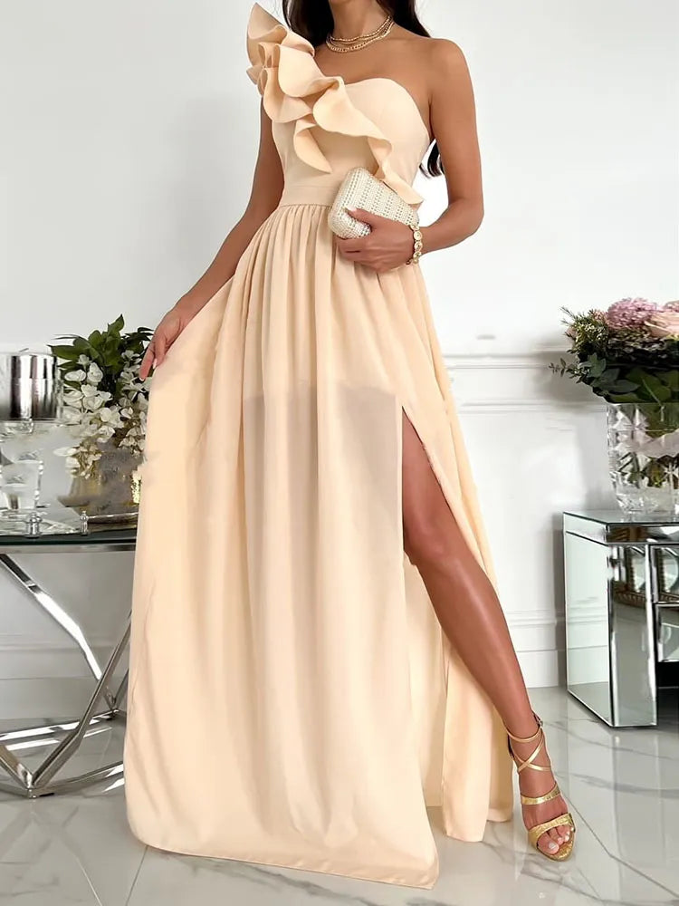 Ladies Off Shoulder Diagonal collar Pleated Evening Dress Solid Sleeveless Ruffle Hem Elegant Dress Summer Sexy Slit Maxi Dress