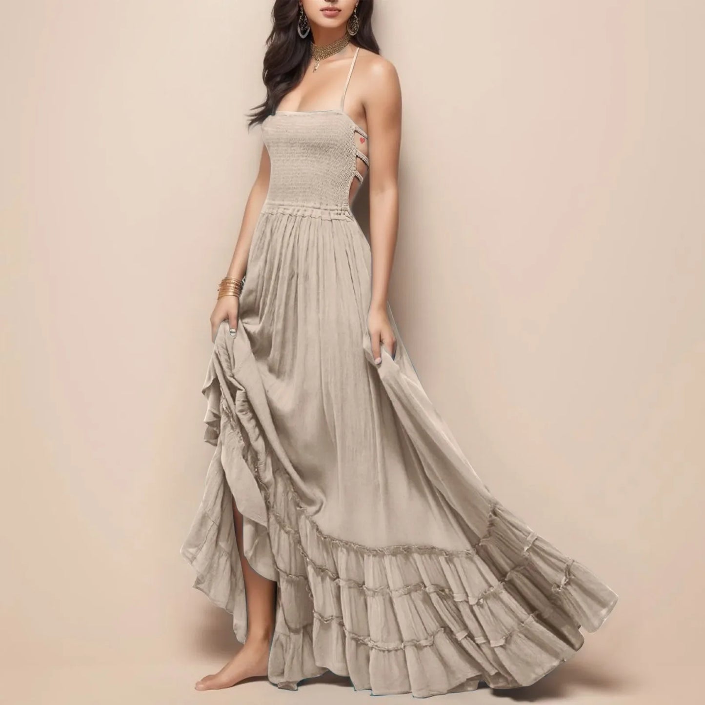 Womens Dresses 2024 Spring Summer Deep V Neck Women'S Smocked Maxi Dresses Summer 2023 Sexy Flowy Beach Long Backless Slip 롱원피스