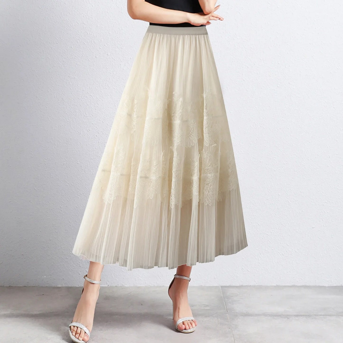 Women Mid Length Skirts Dance Party A Line High Waisted Lace Tulle Skirt Pleated Mesh Half Skirts Holiday Party Costumes