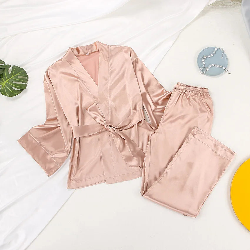 Women's 2024 Matching Sets Pajamas With Belt Satin Tow Pieces Suit Soft Loose Pyjamas Casual Solid Sleepwear Female Home Clothes
