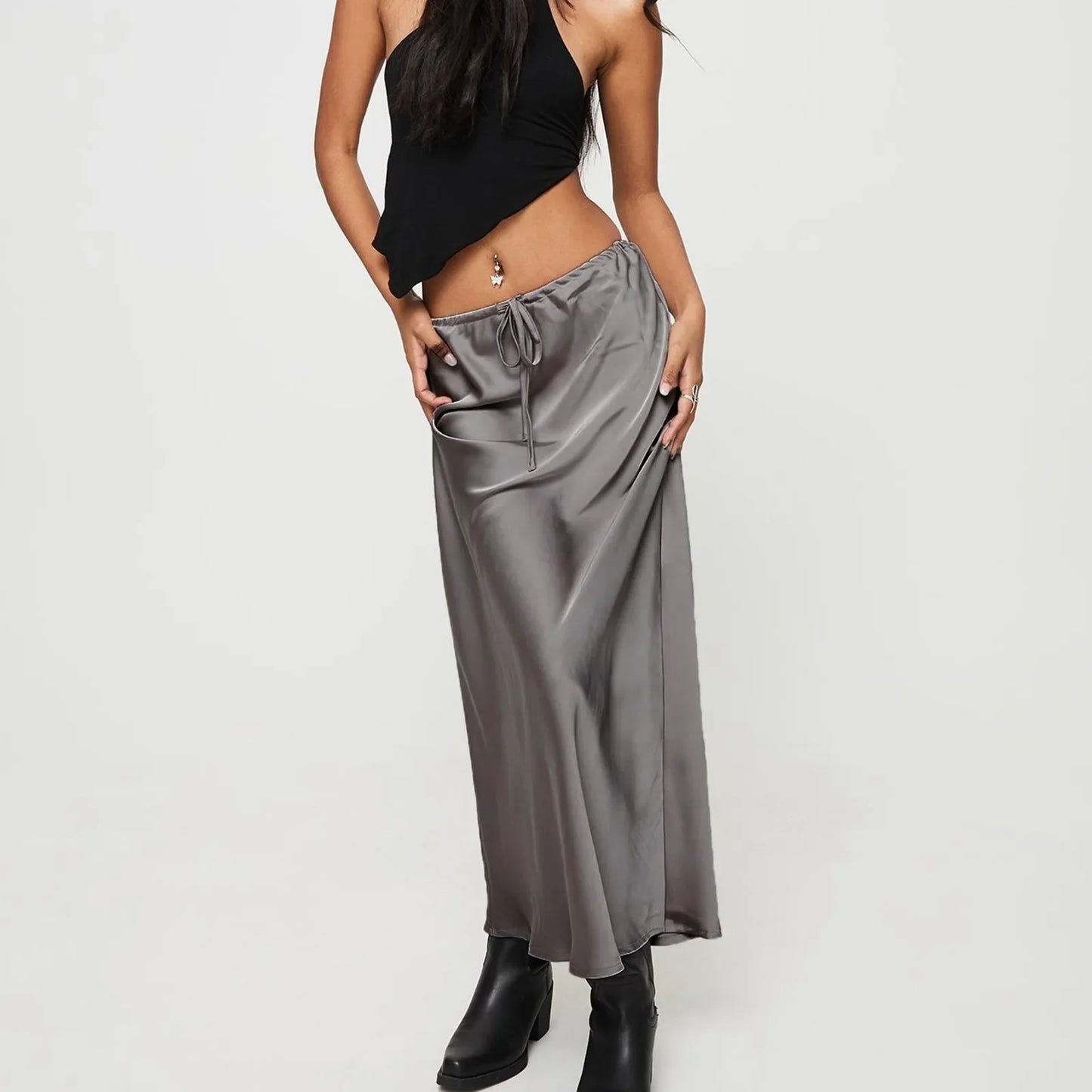 Women'S Solid Color Satin Long Dress High Waist Drawstring Dress Maternity Skirts Reflective Dress Trailing Dress Ropa De Mujer