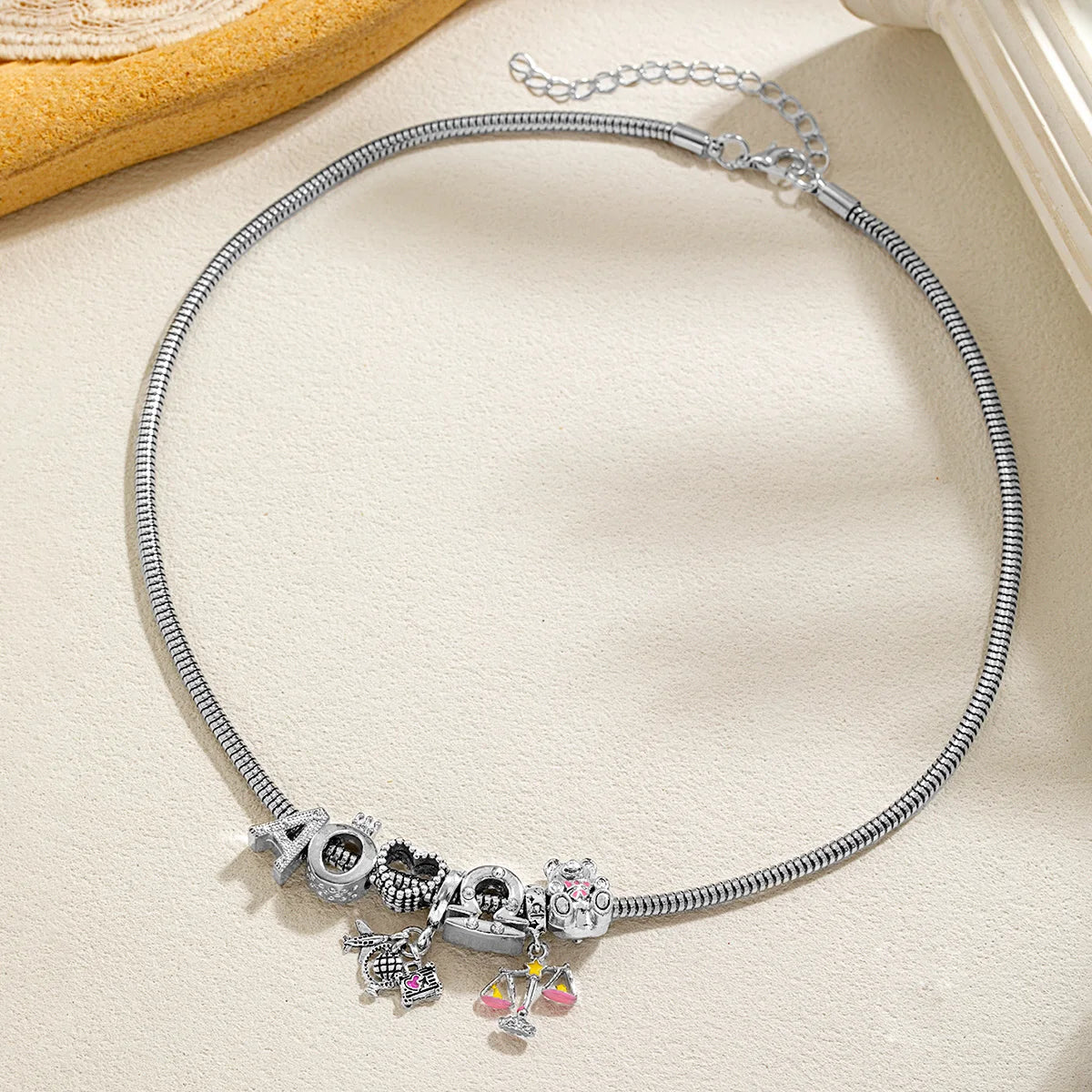 Fashionable Multi Element Cute Bear Libra Pendant Zircon Love Letter Necklace Bracelet Versatile Women's Jewelry Set