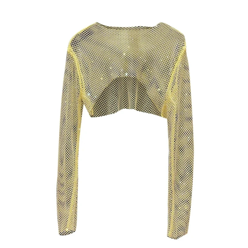 Women Colorful Rhinestones Long Sleeve Crop Top Sparkly Glitter Drill Shawls Shrug See Through Fishnet Cover Up Clubwear