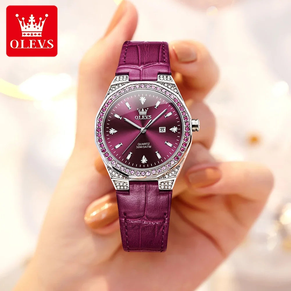 OLEVS Diamond Lap Women's Watches Luxury Original Quartz Watch for Women Fashion Leather Strap Waterproof Girls Dress Wristwatch