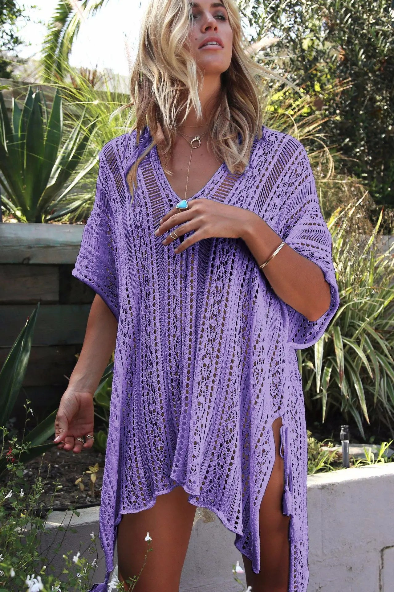 WeHello Hollow Out Loose and Sexy Vacation Beach Bikini Cover Up Sun Protection Clothing Women's Swimwear Coat