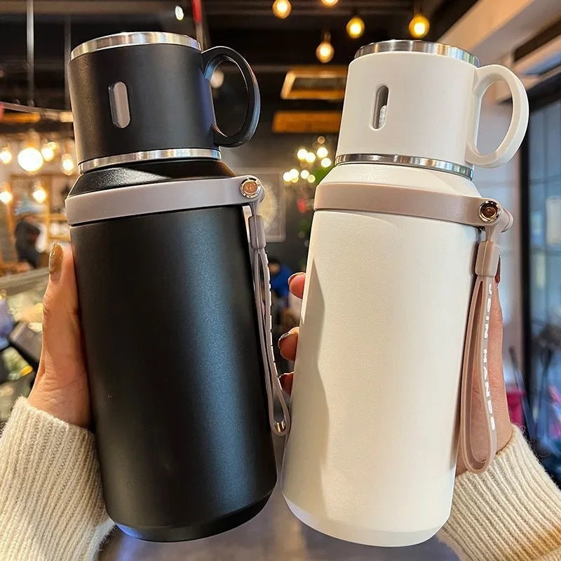 600ML Stainless Steel Insulated Bottle, with Cup Lid Rope Handle, Office, Home ,Portable Thermos Cup.