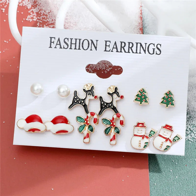 6 pairs Christmas Stud Earrings Xmas Tree Brown Elk Snowman Santa Claus Cute Christmas Earrings Christmas Gifts For Women Girls
