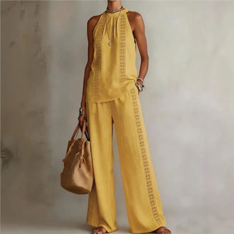 Sexy Halter Neck Sleeveless Tops Women's Suit Summer New Fashion Loose Retro Hollow Lace Pocket Wide Leg Pants 2-piece Set 2026