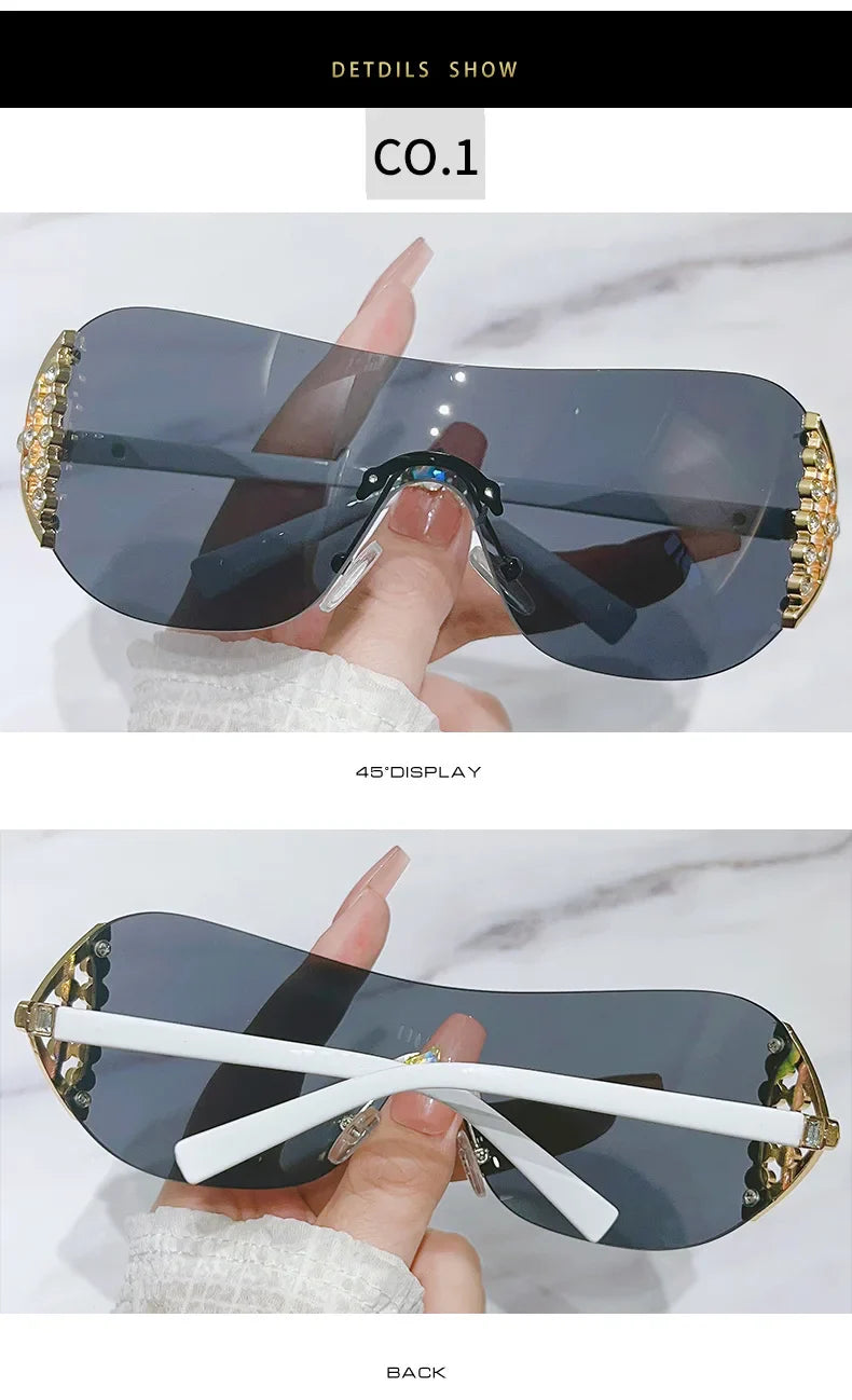 Luxury One-Piece Rimless Sunglasses Oversized Diamond Brand Designer Sun Glasses for Women Steampunk Eyewear UV400 Oculos De Sol