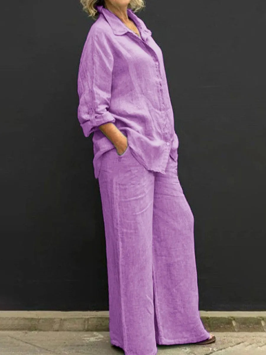 Two Piece Sets Women Outfits,  Fall Simple Long Sleeve Shirt Loose Trousers Set Office Casual.