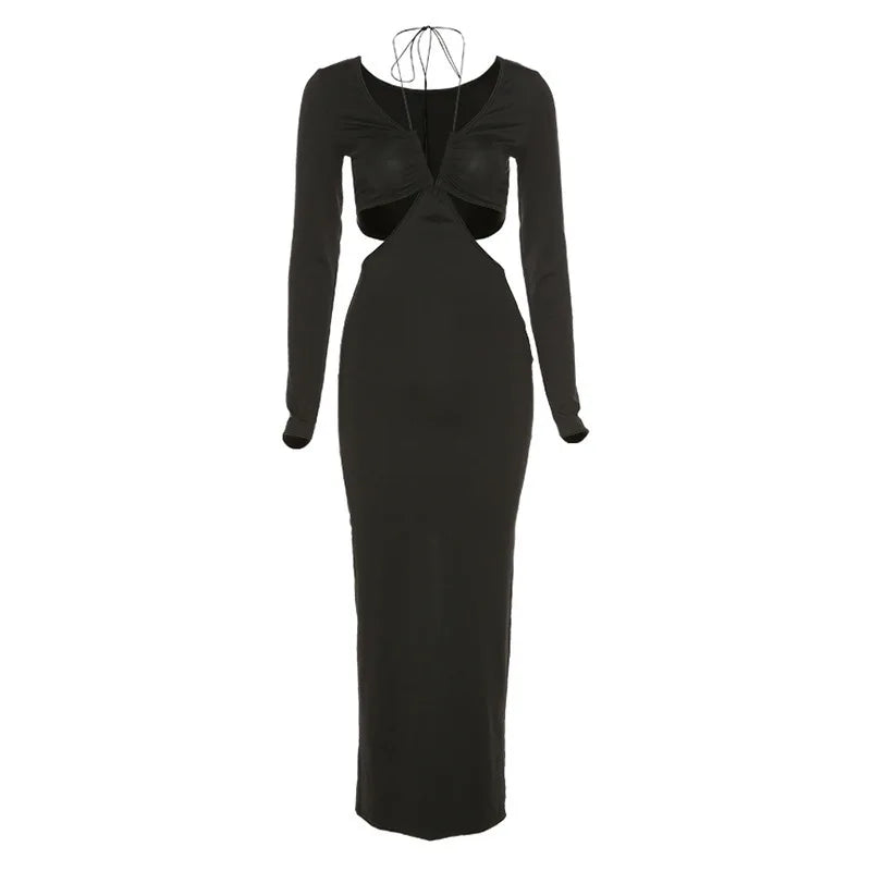 061 Long Sleeve Halter Sexy Cut Out Black Maxi Dresses Slim Outfits Split Long Skinny Clothes