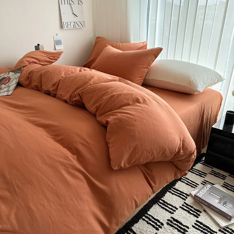 Bed Linen Solid Cotton Bedding Set, with Sheet, Duvet Cover, Pillowcases. Single Couple Bedsheet King, Queen Double Twin Size