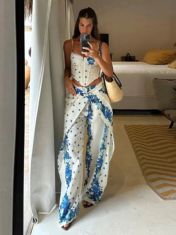 Urban Print Top Pants Women Set Sling Backless Slash Neck Blouse Wide Leg Trousers 2026 Spring Summer Holidays Lady Outfit