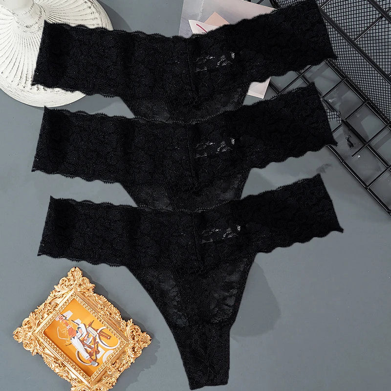 3PCS Lace Floral Women Panties ,Low Waist Breathable Briefs Female Thong Underwear M-2XL Sexy G-String Transparent Panty.