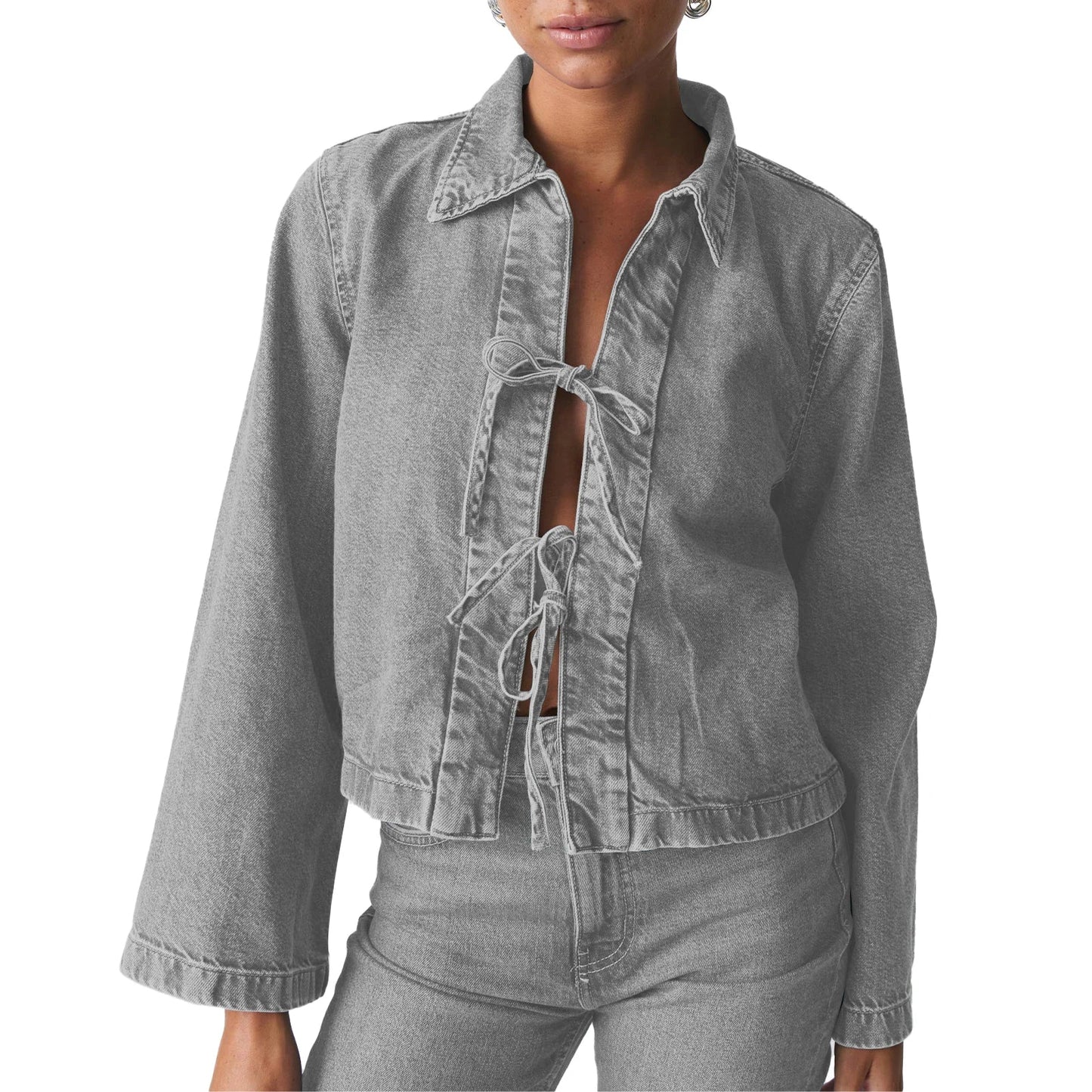 Women s Denim Tie Front Jacket Lapel Neck Solid Color Long Sleeve Casual Crop Fall Coat