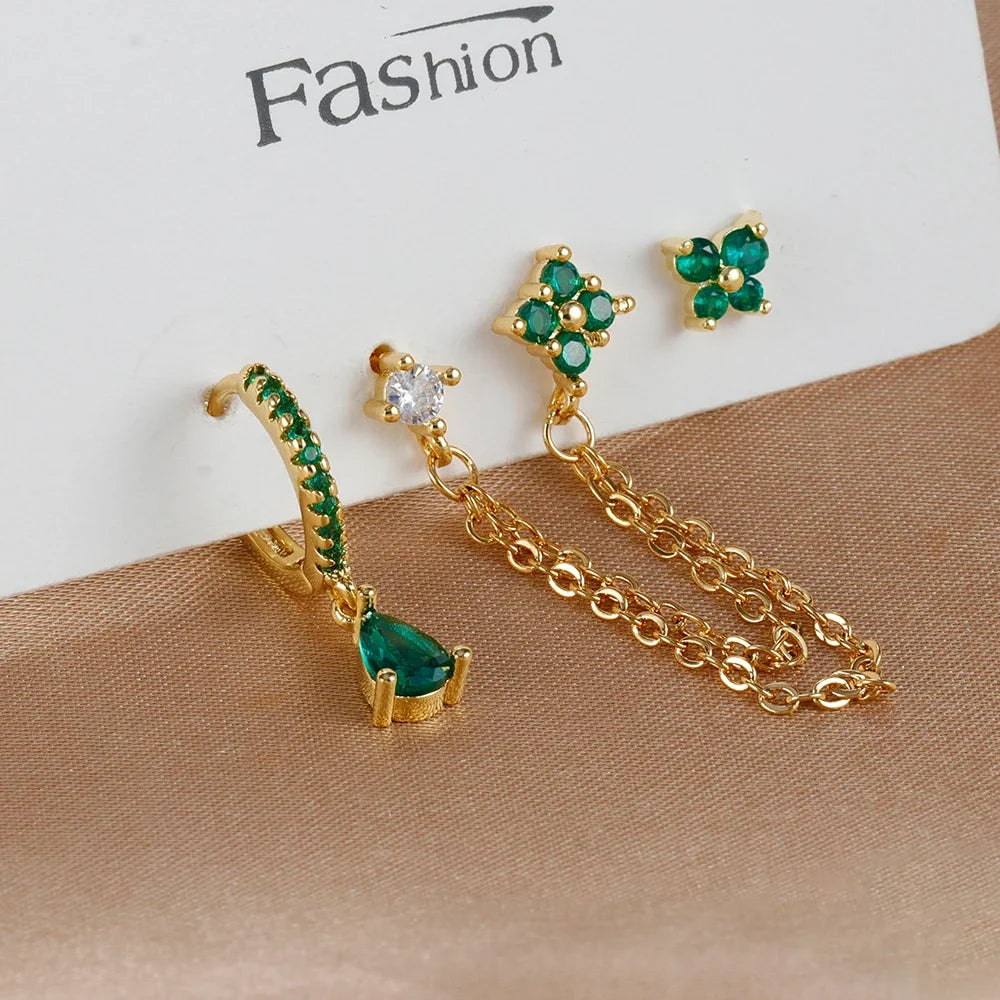 3PCS Set Stainless Steel Crystal CZ Butterfly Ear Stud Earring Gold