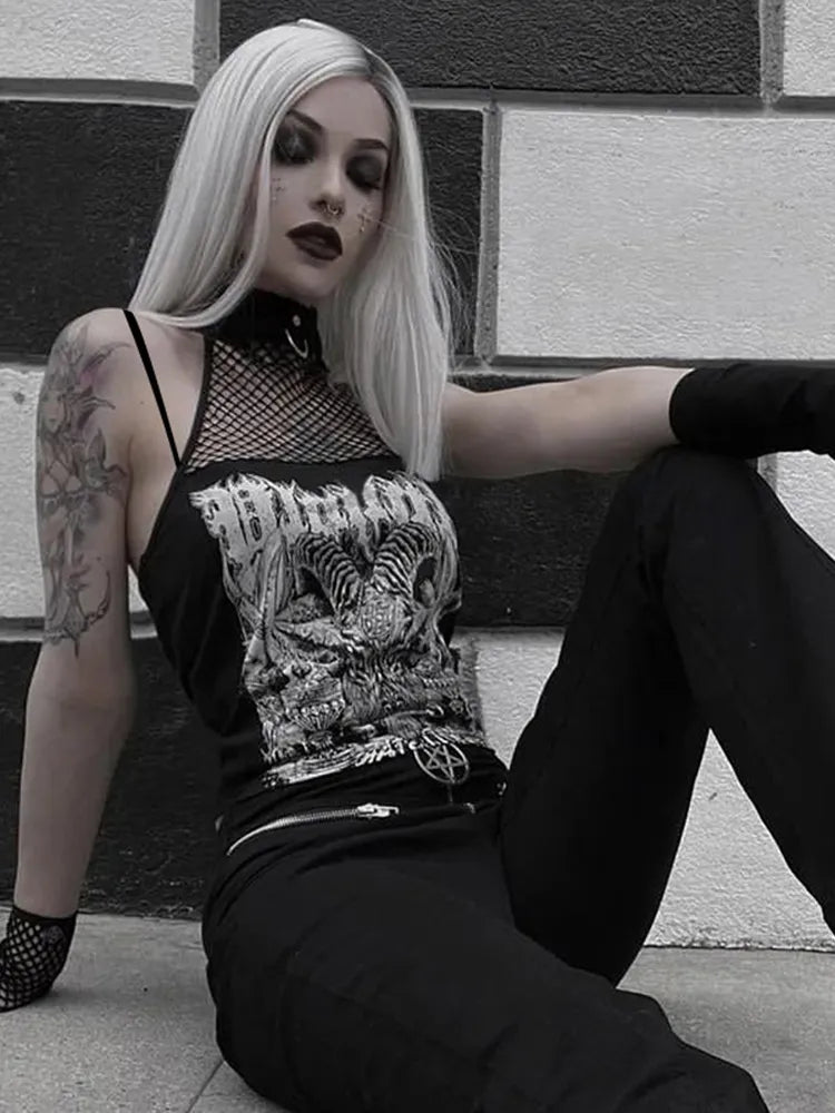 InsGoth Gothic Punk Tank Tops Mall Goth Grunge Print Harajuku Women Y2K Crop Tops Summer Vintage Black Sleeveless Streetwear