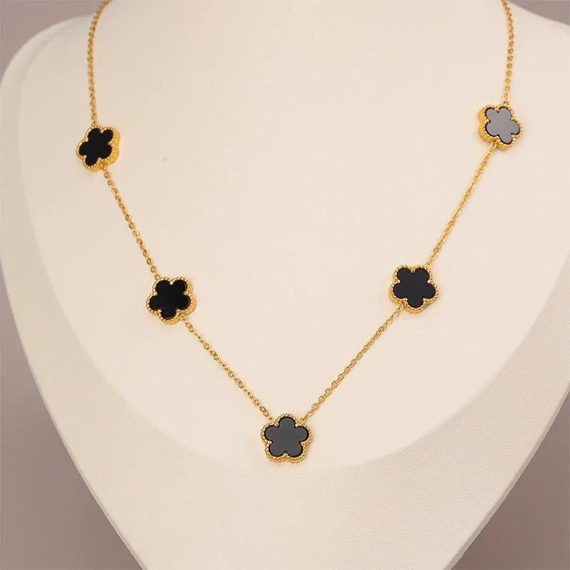 14K Gold Plated Stainless Steel Necklace Woman Five Leaf Petals Double