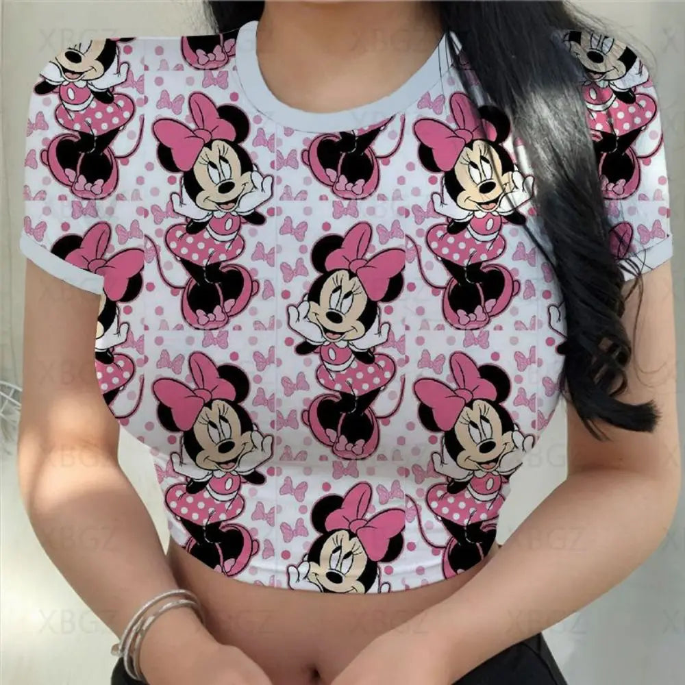 T-shirts Slim Fit Y2k Print Woman Clothes Cartoon Fashion Blouses 2024 Sexy Women's T-shirt Mickey Crop Top Minnie Mouse Disney