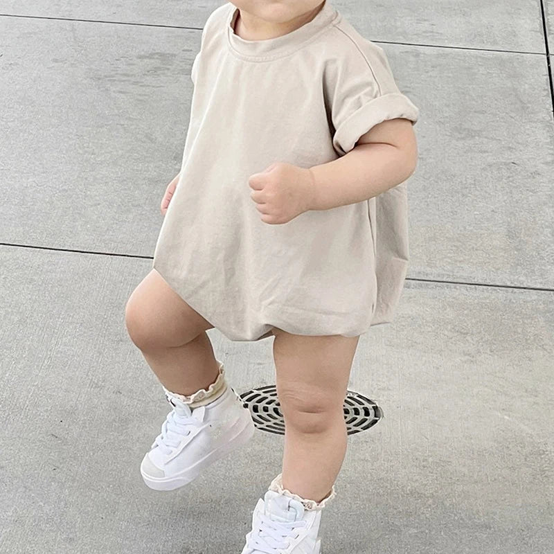 Baby Boy Girl Solid Color Short Sleeve Bubble Romper Oversized T-Shirt