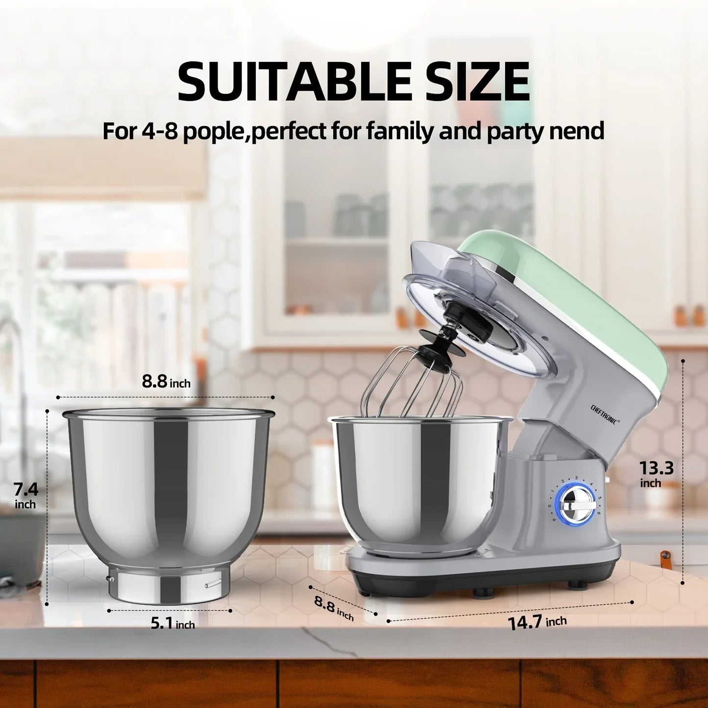 CHEFTRONIC Stand Mixer, 5.5QT Tilt-Head Electric  processors - 500W 6+P Speed.