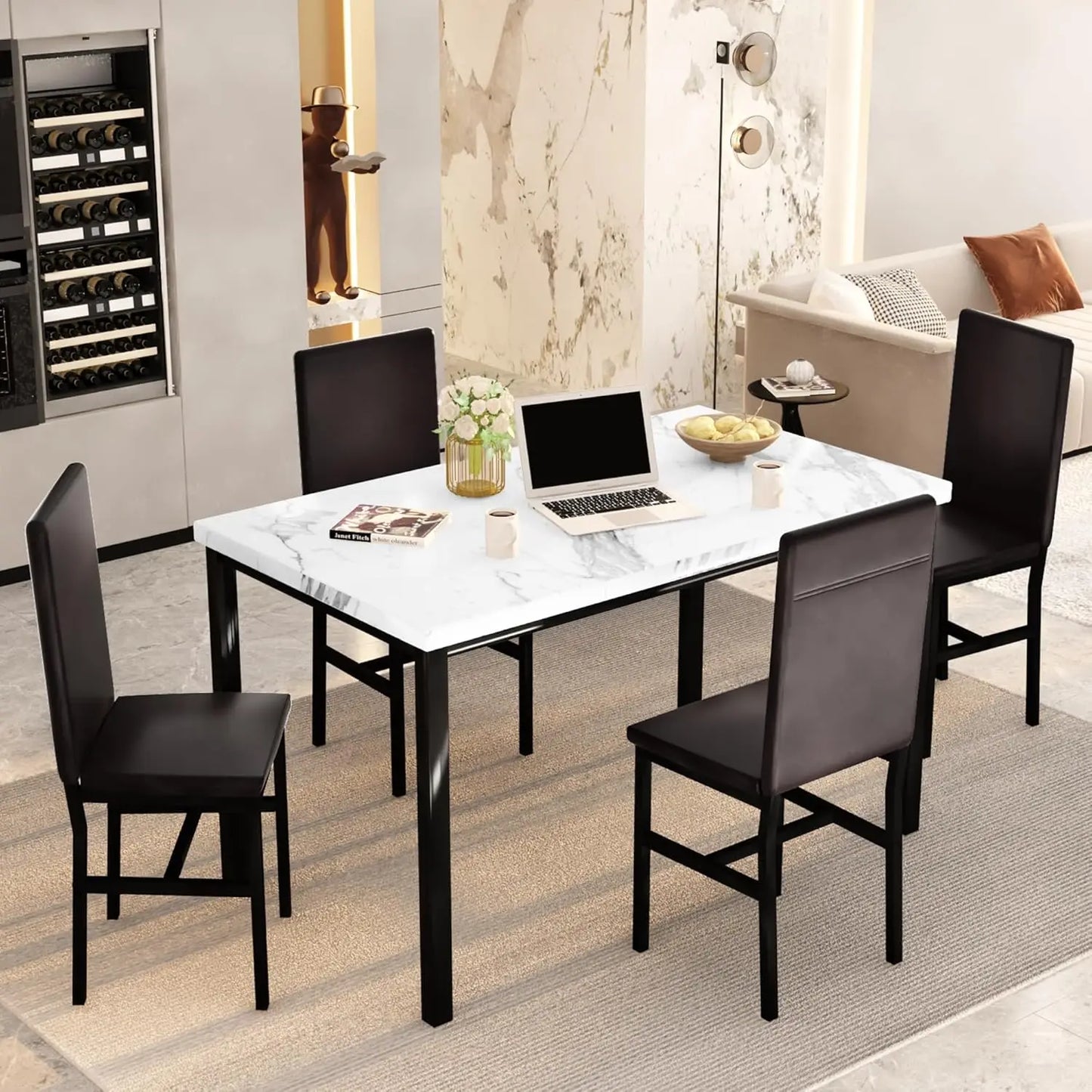Dining Table Set for 4, Modern Kitchen & Dining Room Sets, Faux Marble Table with 4 Leather Chairs.