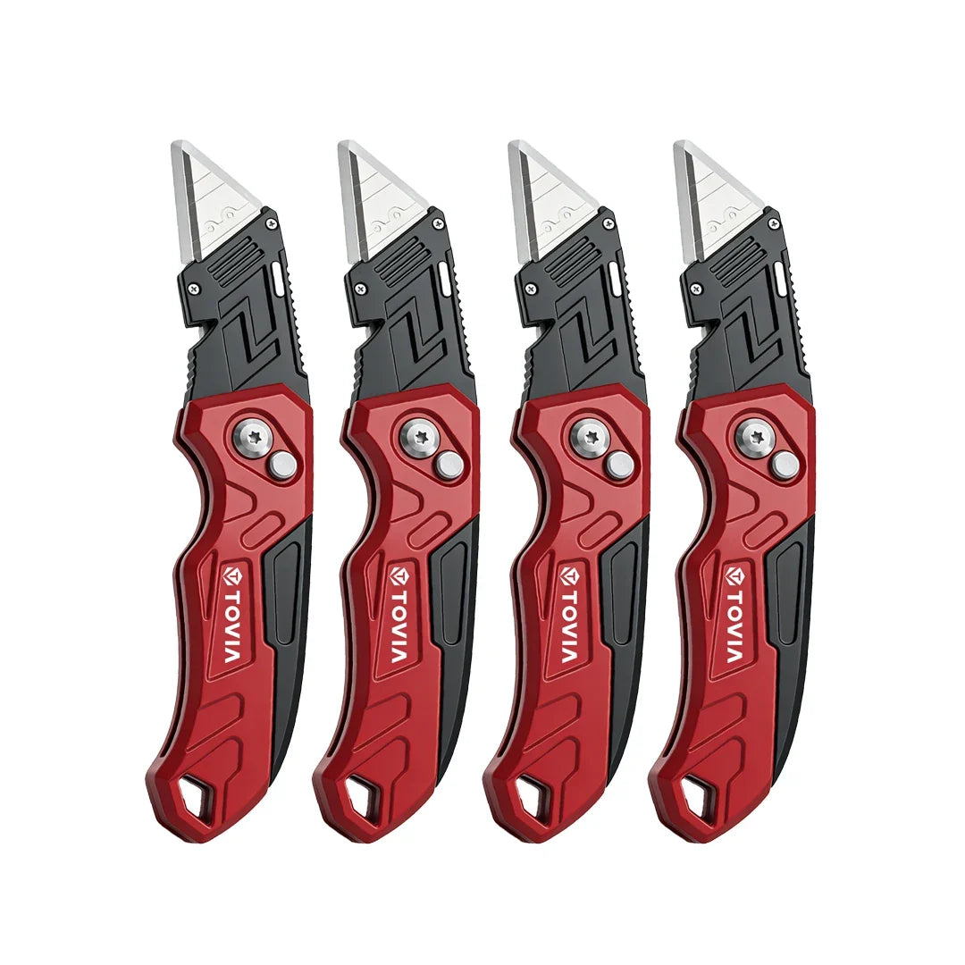 T TOVIA Folding Utility Knife with Blade Storage - Quick-Change Retractable Box Cutter, 3 Extra Blades in Handle, Aluminum Body.