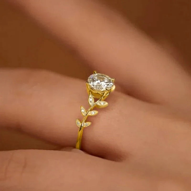 Huitan Exquisite Leaf Design Cubic Zirconia Rings for Women Silver Color/Gold Color Luxury Trendy Wedding Accessory New Jewelry