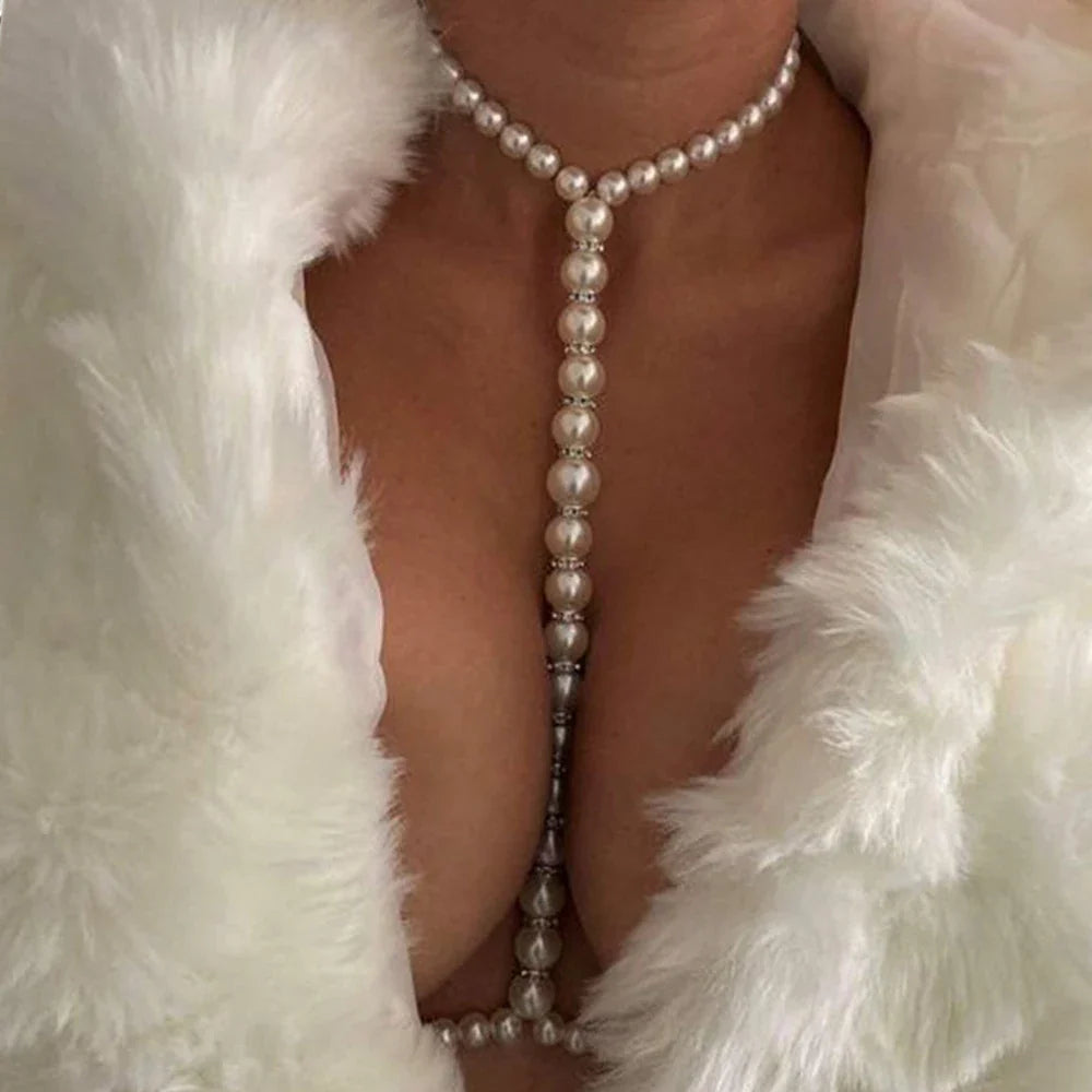 Stonefans Fashion Pearl Body Chain Bra Necklace Harness for Women Summer Sexy Bikini Crystal Belly Waist Chain Beach Jewelry