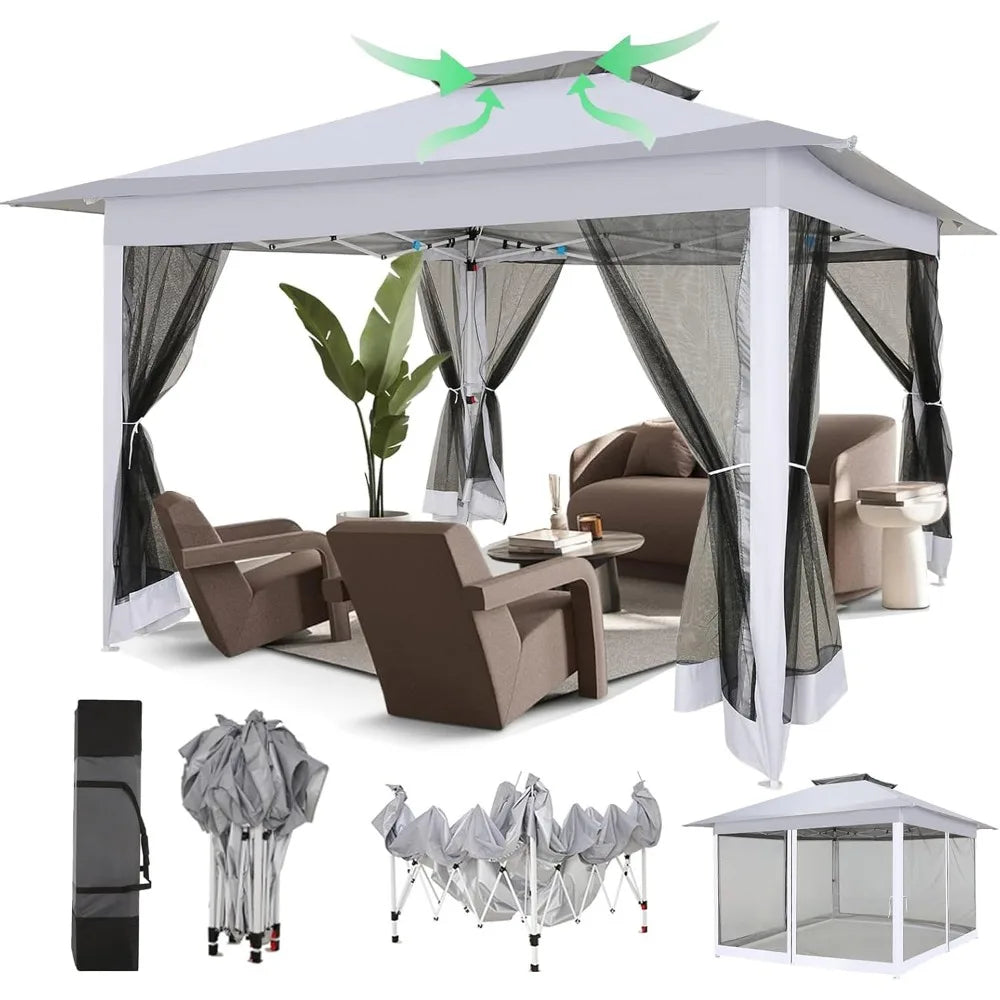 12x12 Pop Up Gazebo Canopy Tent Easy Up Outdoor Gazebo Waterproof Upgrade Portable Gazebo with Mosquito Nettings, Double Vented