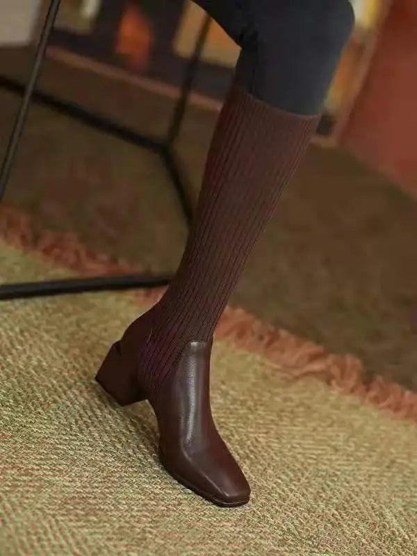 Comemore Sock Boots Women 2024 Winter Knee High Knitting Warm High Boot High Heels Weave Casual