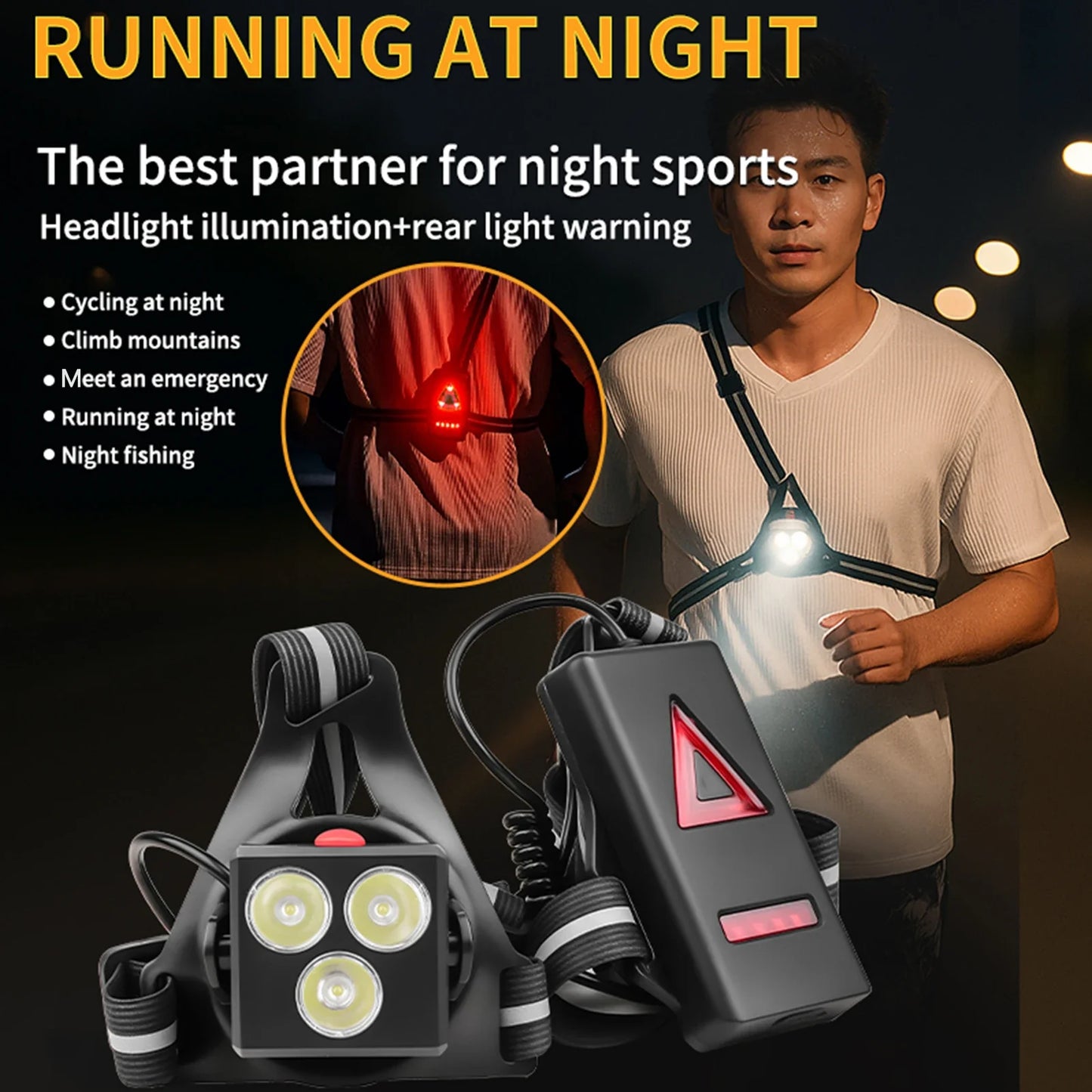 LED Chest Front Multi-Lamp Red Warning USB Rechargeable Night Running Light Triangle Reflective Strap Back Light Backpack Light