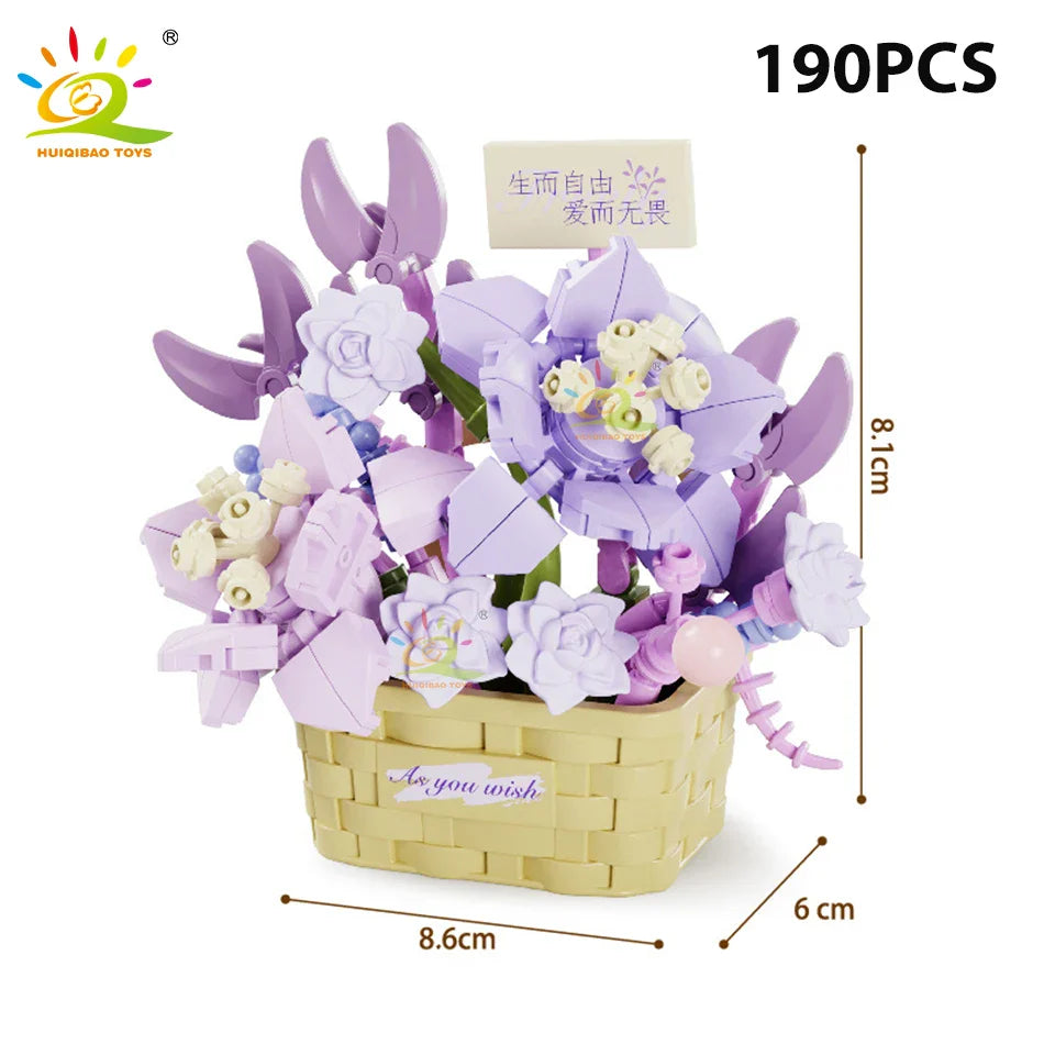 HUIQIBAO Eternal Flower Model Bouquet Potted Plant Micro Building Blocks MOC DIY Home Desk Decoration Brick Toy For Children