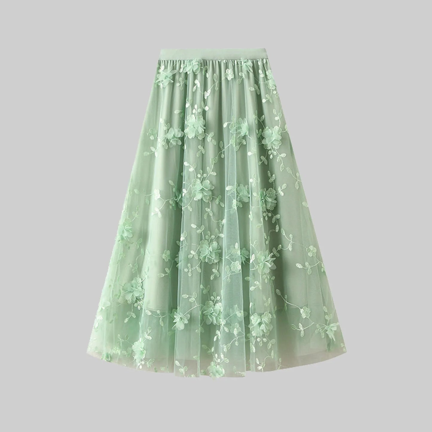 Korean Style Women's Floral Embroidered Mesh Skirt Harajuku High Waist A Line Midi Skirts Elegant Tulle Skirt Faldas Mujer