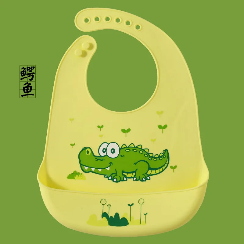 Cute Baby Bibs Waterproof Silicone Bib Infant Toddler Feeding Saliva Towel Cartoon Adjustable Children Apron with Pocket Scarf