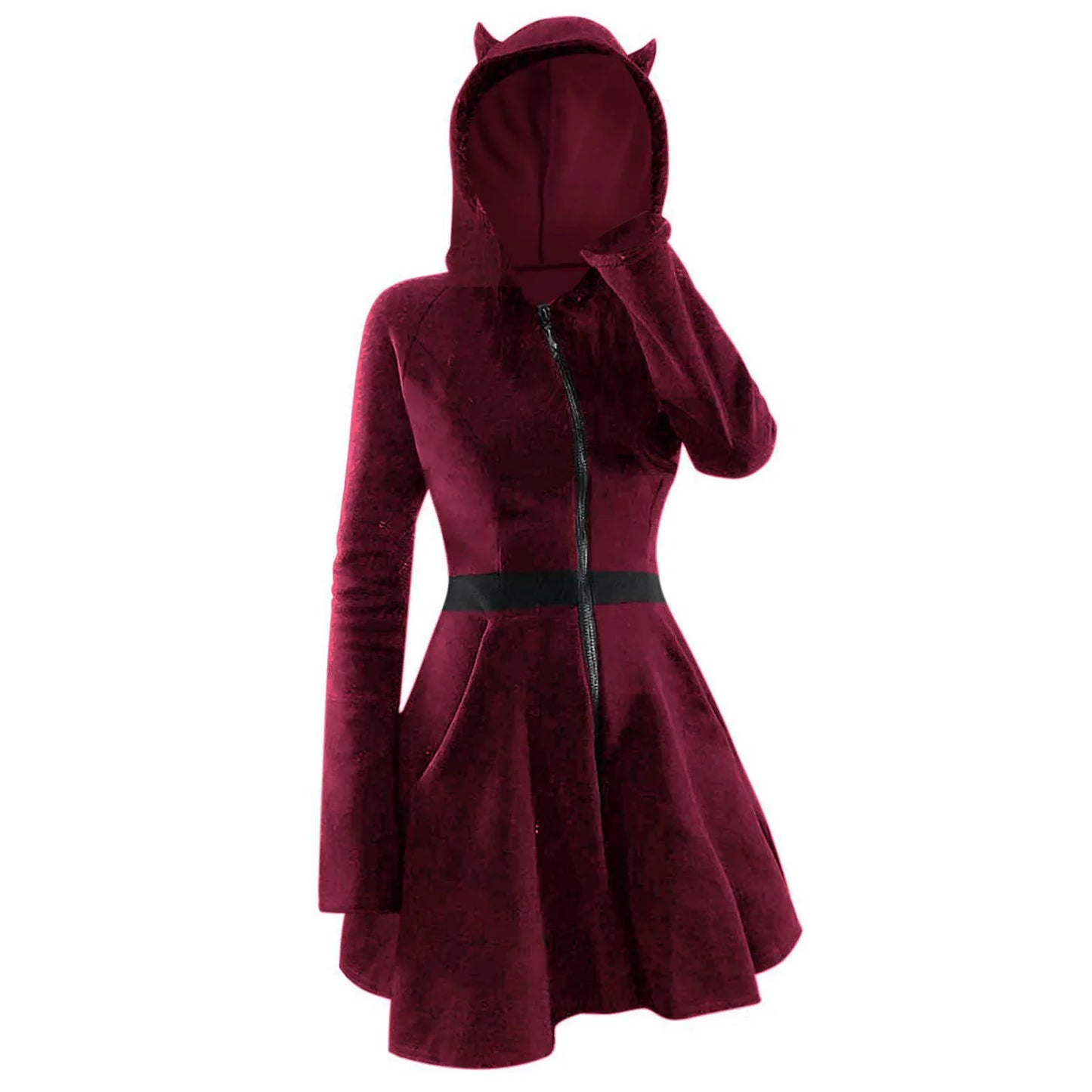 Animal Hooded Zip Up Punk Gothic Dress Vintage Long Sleeve Cat Ear Coat Robe For Women Autumn Winter Witch Party A Line Dress
