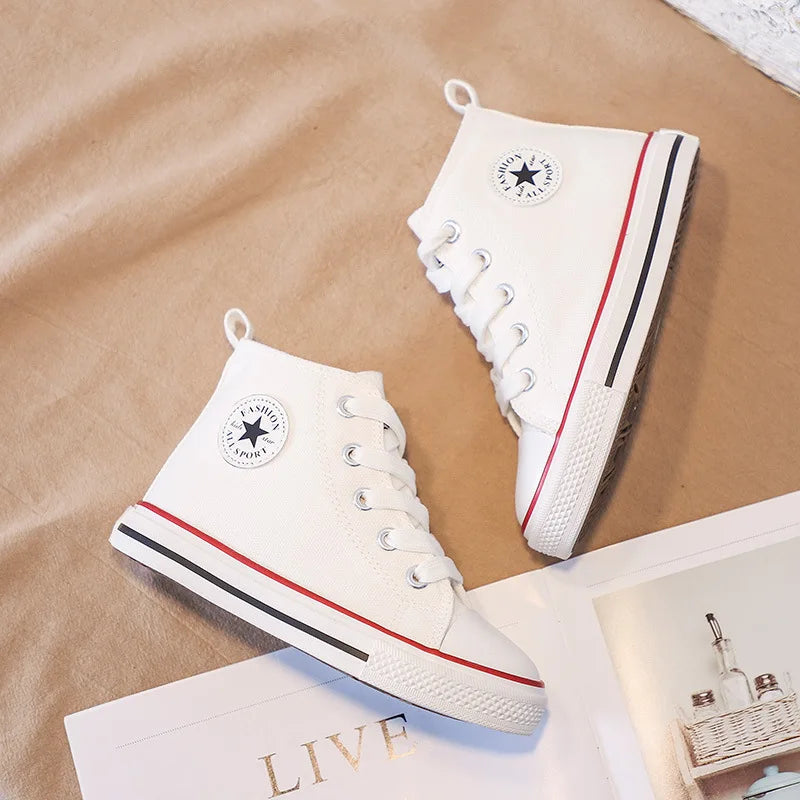 Children High-Top Canvas Shoes, Soft Bottom Comfortable Non-slip Casual Shoes, Simple Solid Color Lace-Up Canvas Shoes.