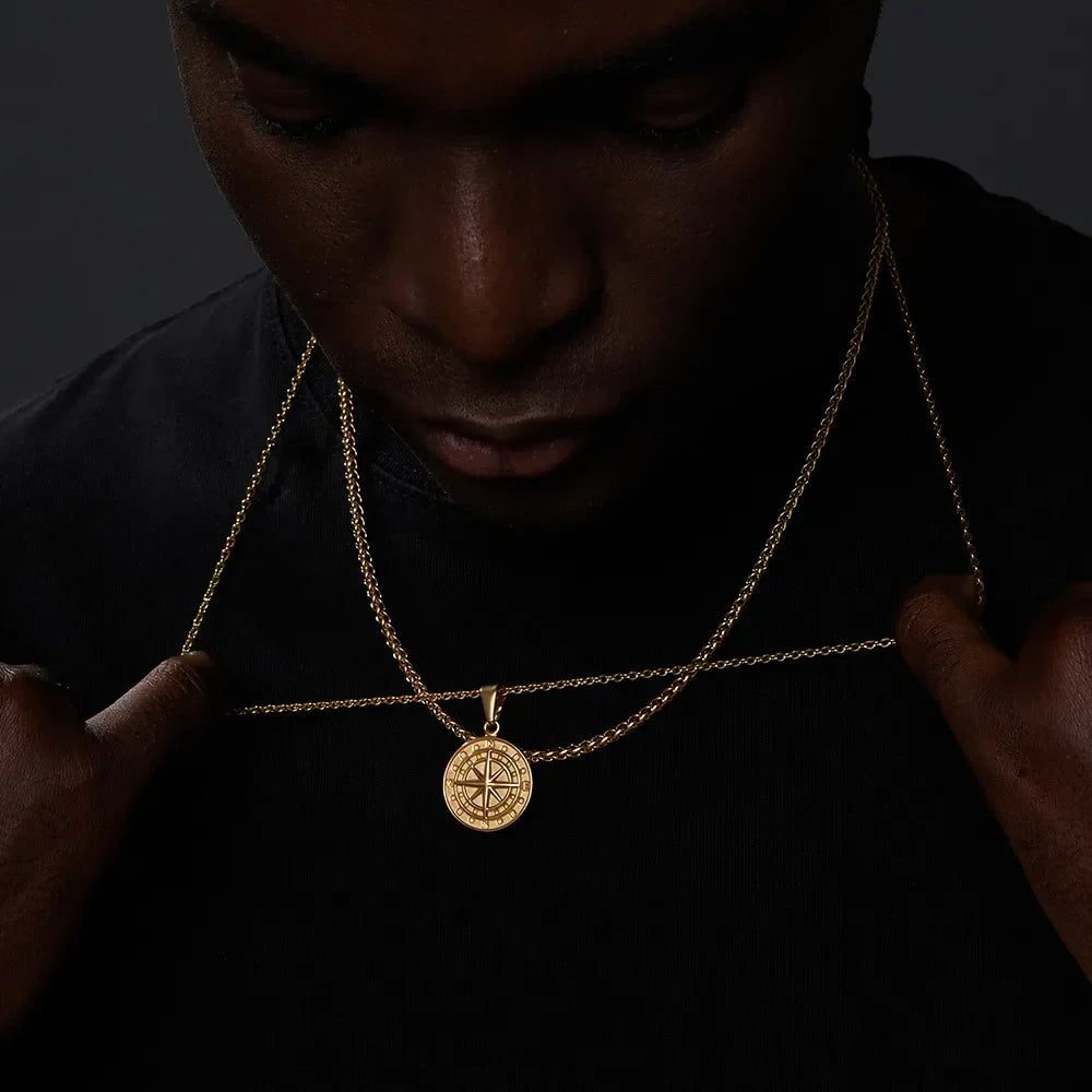 Vnox Layered Necklaces for Men, Sailing Travel Compass Pendant, Stainless Steel Cuban Figaro Wheat Chain, Casual Retro Collar