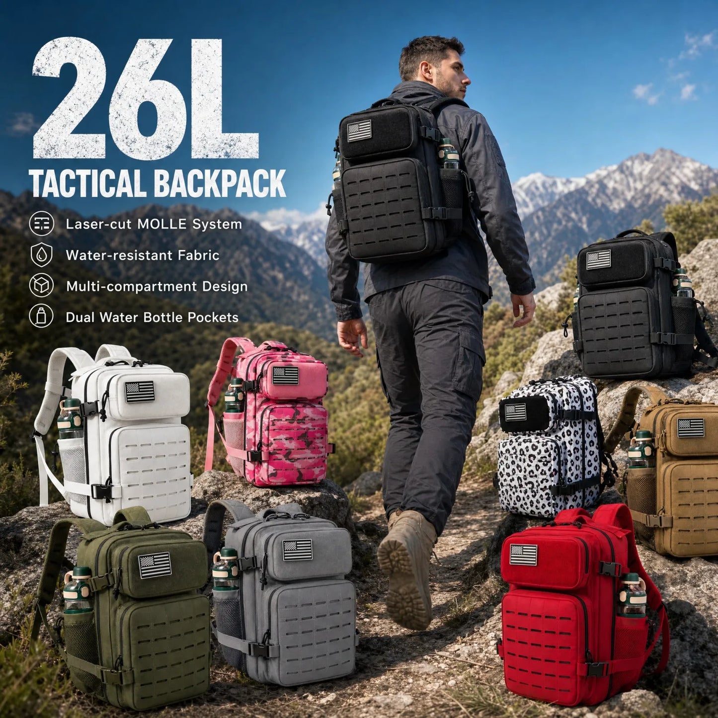 26L Tactical Backpack Molle Outdoor Survival Fitness Hiking Rucksack