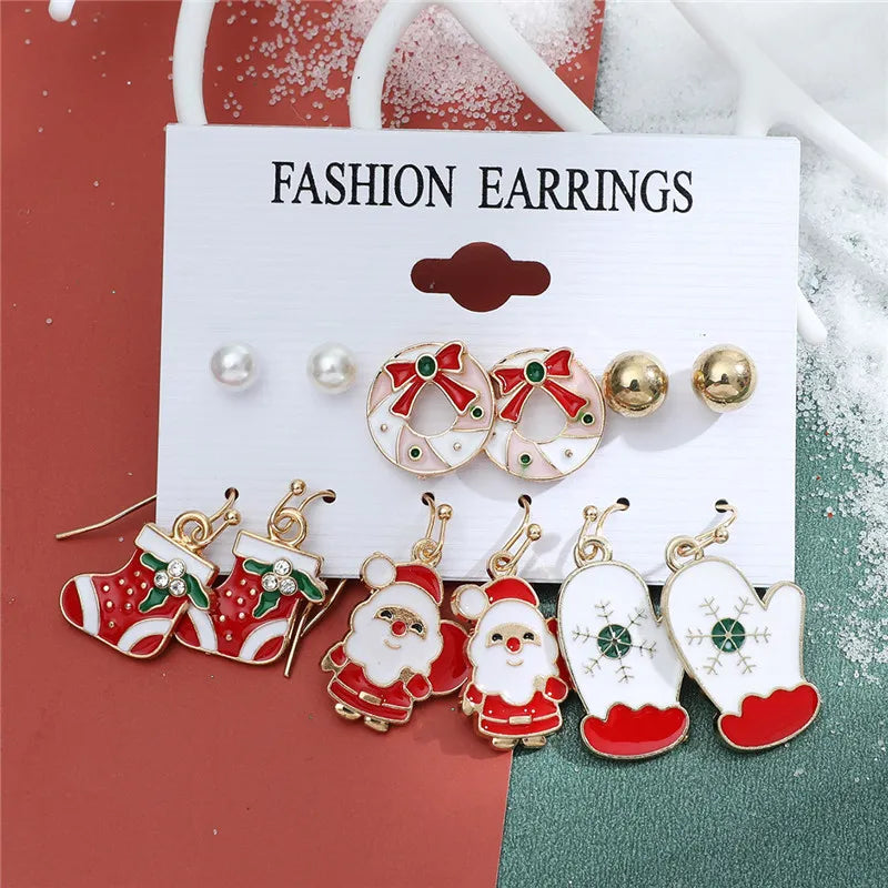 6 pairs Christmas Stud Earrings Xmas Tree Brown Elk Snowman Santa Claus Cute Christmas Earrings Christmas Gifts For Women Girls