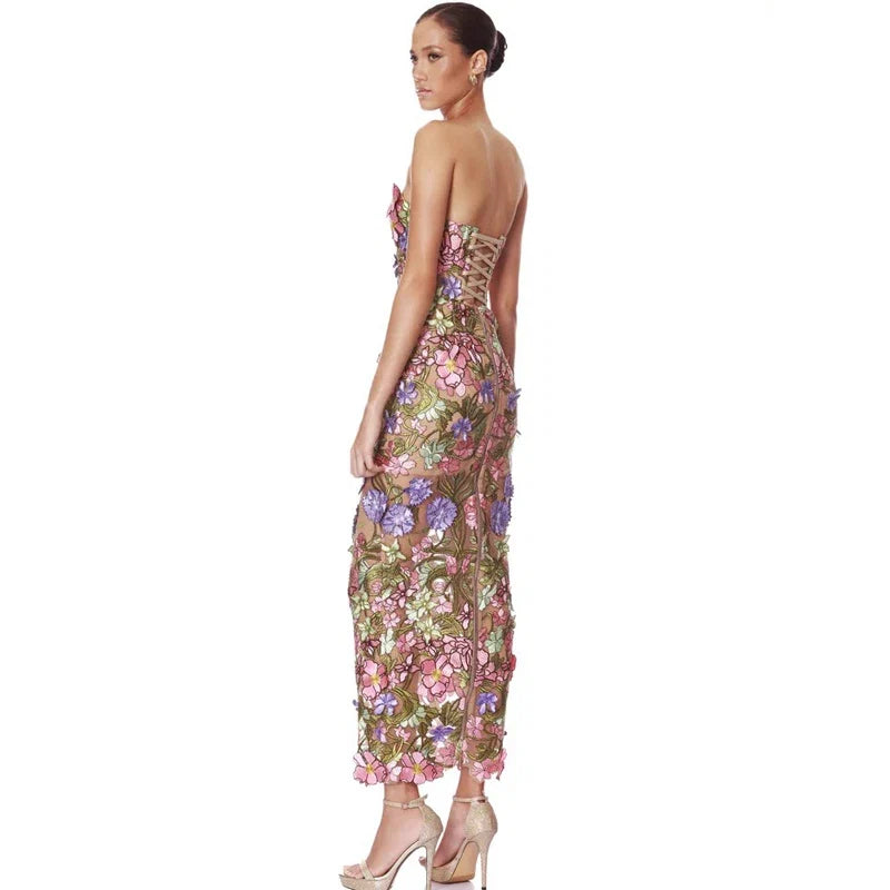New Sexy Strapless Back Lace Up Dress for Women, Slim Fit and Simple Floral Embroidery Fabric Party Dress Long