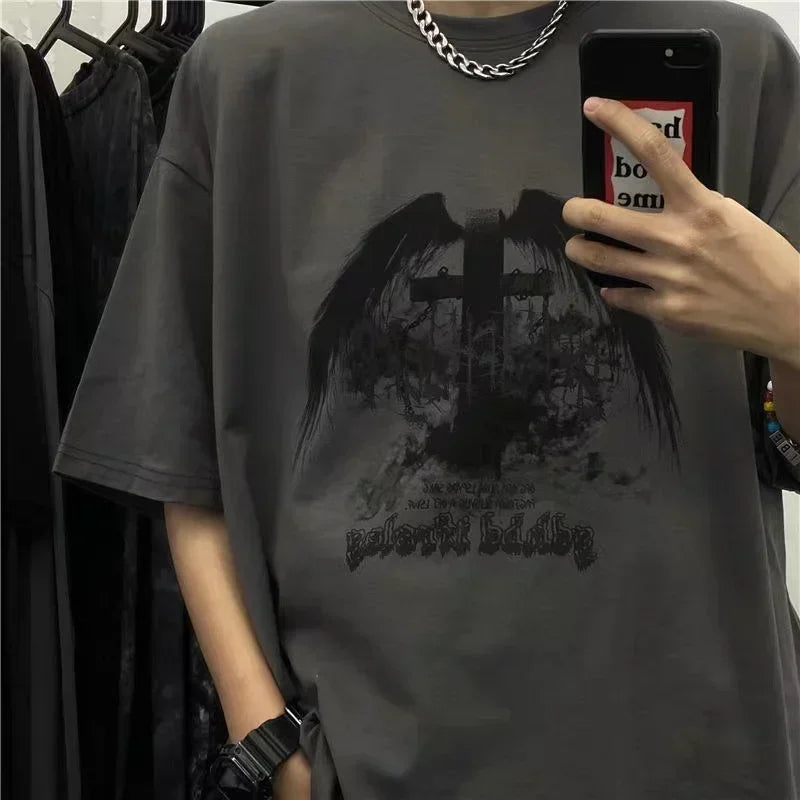 Oversized T-shirt Men 2023 Summer T-shirts Dark High Street Gothic Print Skull Cotton Short Sleeve Tee Harajuku T Shirt for Men