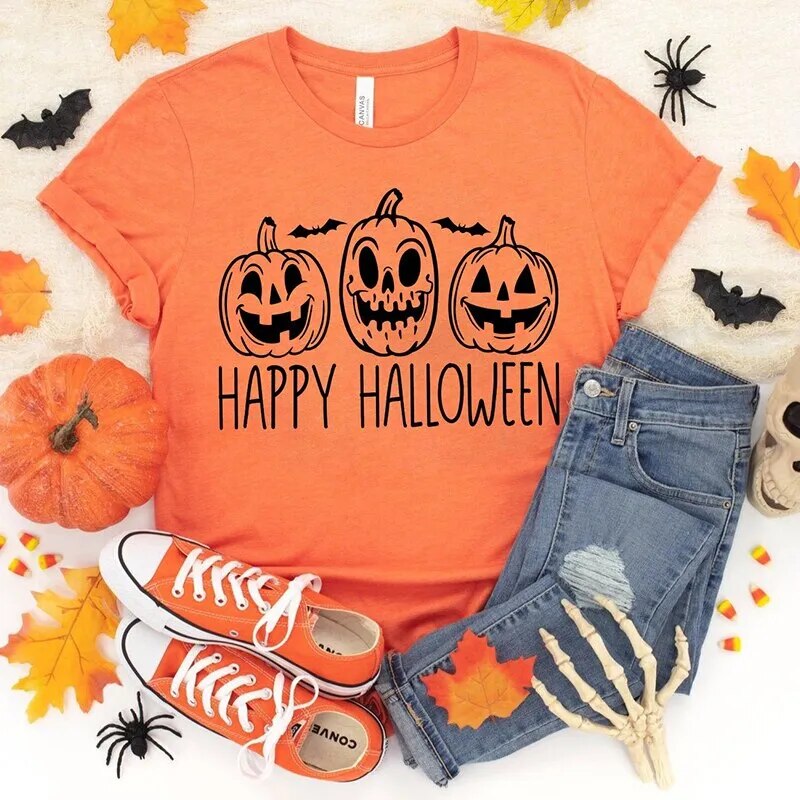 Funny Pumpkin Face Women T Shirts Orange Halloween T-shirt Causal Streetwear Fall Witch Graphic Tee Women's Clothes Festival Top