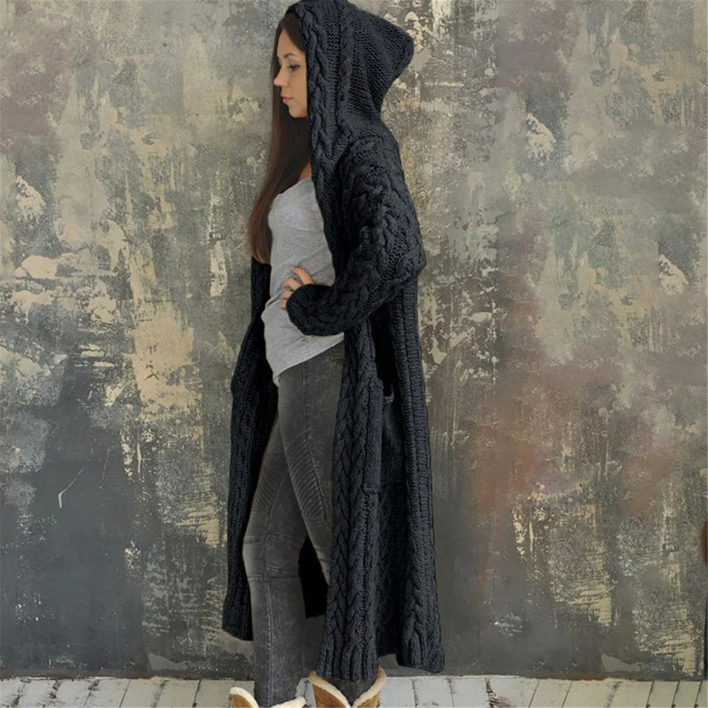 Long Sleeve Loose Cardigan Coat Solid Solid Sweater Winter Long Knitted Pocket Loose Women Cardigan Hooded Limited Sweater Women