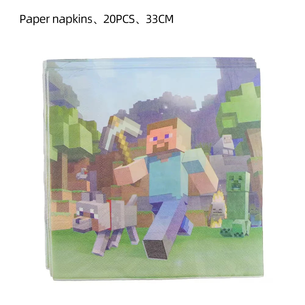 Miner Crafting Pixel Video Game Party Decor Disposable Tableware Cup Plate Tablecloth Balloon Baby Shower Kid Boy Party Supplies