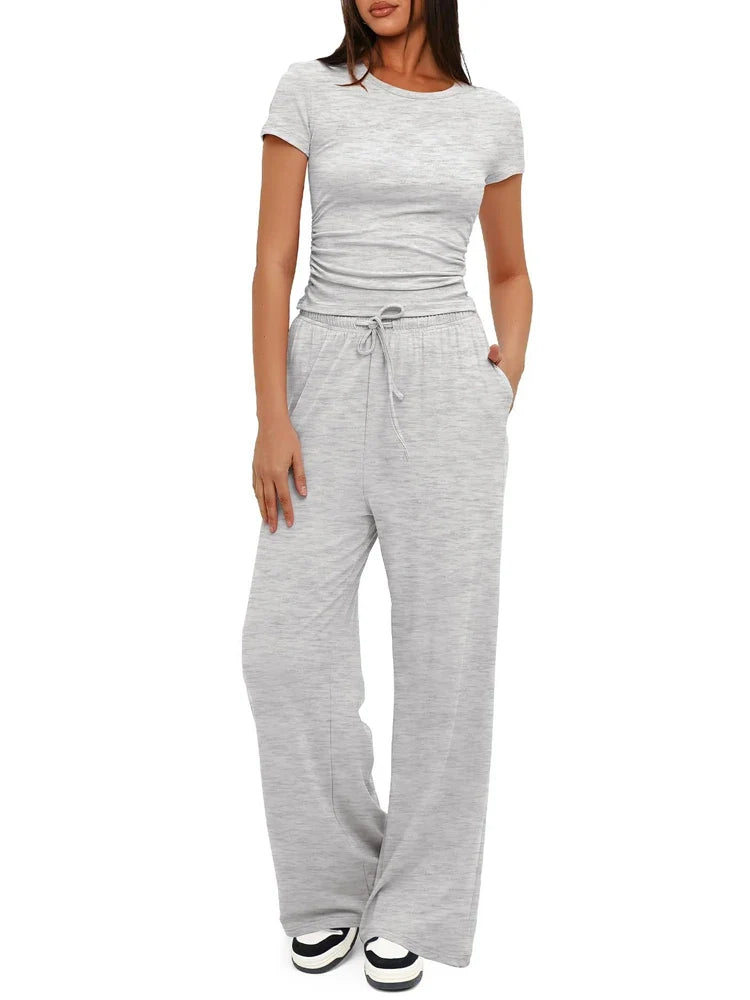Summer Solid Loose Casual Tracksuit Women's Two Pieces Set O Neck Short Sleeves T-shirts and Wide Leg Pants Sets Sportswear Set