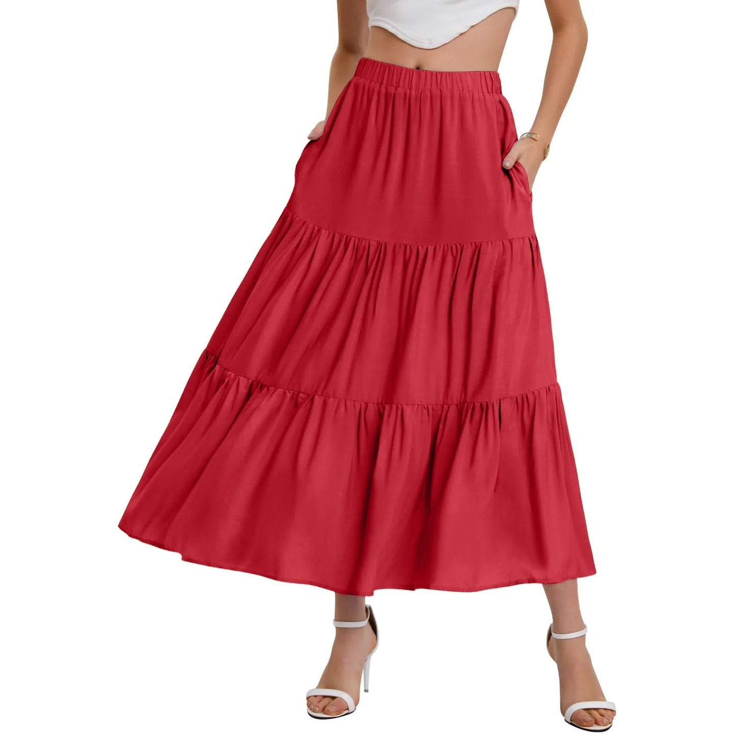 Skirts For Women Summer Bohemian Swing Beach Skirt High Waist A Line Flowy Skirts Pleated Layered Ruffle Hem Flowy A Line Skirt
