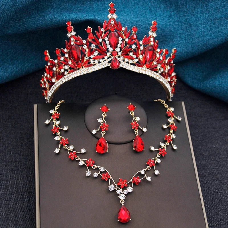 Baroque Wedding Crown for Bride 3-Pack Tiara Earrings Necklace Bridal